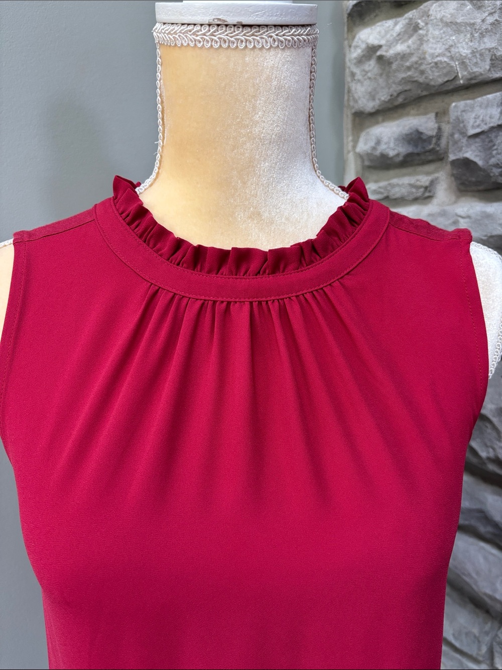 Sleeveless Ruffle Neck Shell Top - Red, XSP - Picture 2 of 5